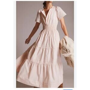 Anthropologie The Somerset Maxi Dress Sz XL Baby Pink Cotton Cottagecore Tiered